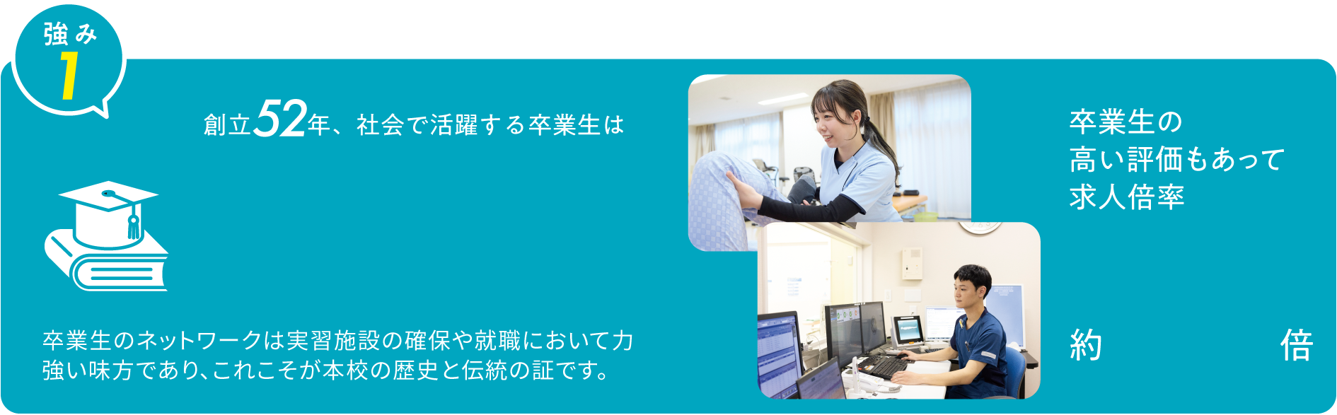 強み1 創立51年
                  社会で活躍する卒業生は8,700人以上 卒業生のネットワークは実習施設の確保や就職において力強い味方であり、これこそが本校の歴史と伝統の証です。卒業生の高い評価もあって求人倍率約32倍