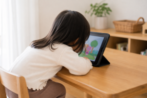 スマホやタブレットに目を近づけて見る子ども